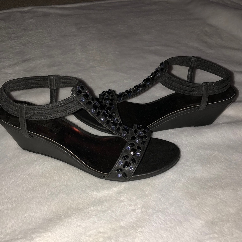 New York transit black rhinestone wedges